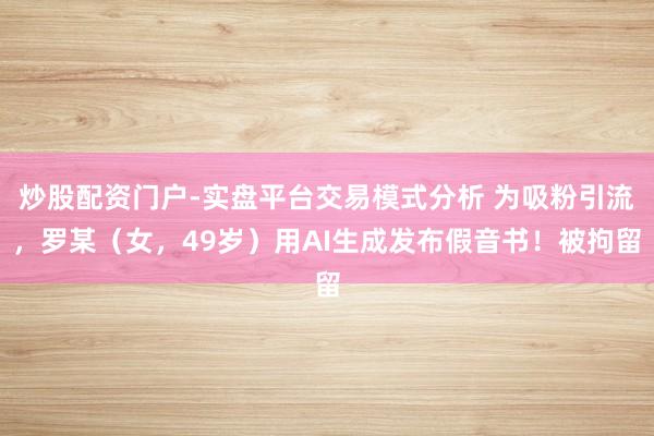 炒股配资门户-实盘平台交易模式分析 为吸粉引流，罗某（女，49岁）用AI生成发布假音书！被拘留